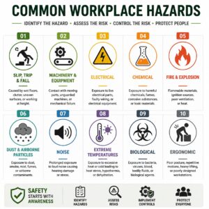 Infographic showing common workplace hazards, including slip and fall hazards, machinery, electrical hazards, chemical exposure, fire and explosion, airborne dust, noise, extreme temperatures, biological hazards, and ergonomic risks for workplace safety.