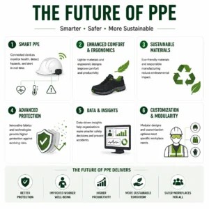Infographic showing future trends in Personal Protective Equipment (PPE), including smart PPE, ergonomic safety footwear, sustainable materials, advanced protection technologies, data-driven safety management, and customized workplace safety solutions.