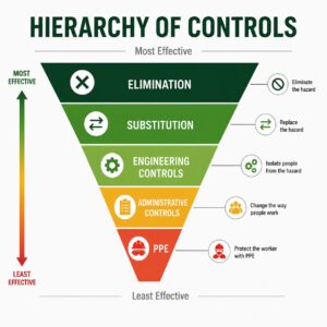 Hierarchy of Controls infographic showing the five levels of workplace hazard control: Elimination, Substitution, Engineering Controls, Administrative Controls, and Personal Protective Equipment (PPE), arranged from most effective to least effective.