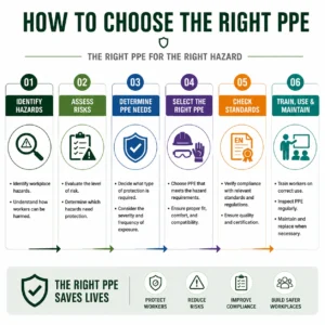 Step-by-step infographic showing the PPE selection process, including hazard identification, risk assessment, determining protection needs, selecting appropriate PPE, checking safety standards, and training workers on proper use and maintenance.