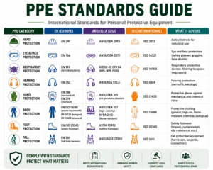 International PPE standards infographic comparing EN, ANSI, ISO, ASTM, and NIOSH standards for safety helmets, eye protection, respirators, hearing protection, gloves, protective clothing, safety footwear, and fall protection equipment.