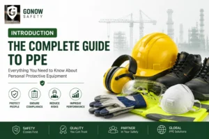 Introduction banner showing Personal Protective Equipment (PPE), including a safety helmet, safety glasses, hearing protection, respirator, work gloves, high-visibility vest, and safety footwear for industrial workplace safety.