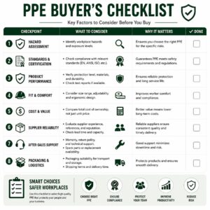 PPE Buyer's Checklist infographic showing key factors for purchasing Personal Protective Equipment, including hazard assessment, certifications, product performance, comfort, supplier reliability, after-sales support, and logistics.