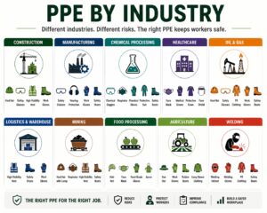 PPE by Industry infographic showing recommended Personal Protective Equipment for construction, manufacturing, chemical processing, healthcare, logistics and warehousing, mining, food processing, agriculture, and welding industries.