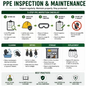 PPE inspection and maintenance infographic showing how to inspect personal protective equipment for damage, cleanliness, and functionality, and how to clean, store, maintain, and replace PPE to ensure workplace safety.