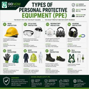 Infographic showing the eight main types of Personal Protective Equipment (PPE), including head protection, eye and face protection, respiratory protection, hearing protection, hand protection, body protection, foot protection, and fall protection.