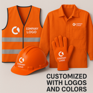 Orange PPE items including a vest, helmet, gloves, and coverall, each displaying a customizable company logo.