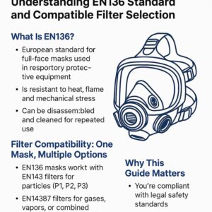 Infographic explaining EN136 standard, full-face mask classes, and compatible filters