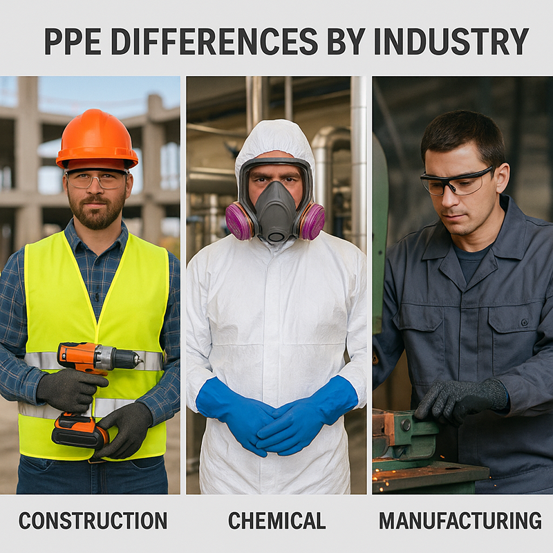 Three workers in construction, chemical, and manufacturing settings wearing appropriate PPE gear, including hard hats, chemical suits, and safety goggles.