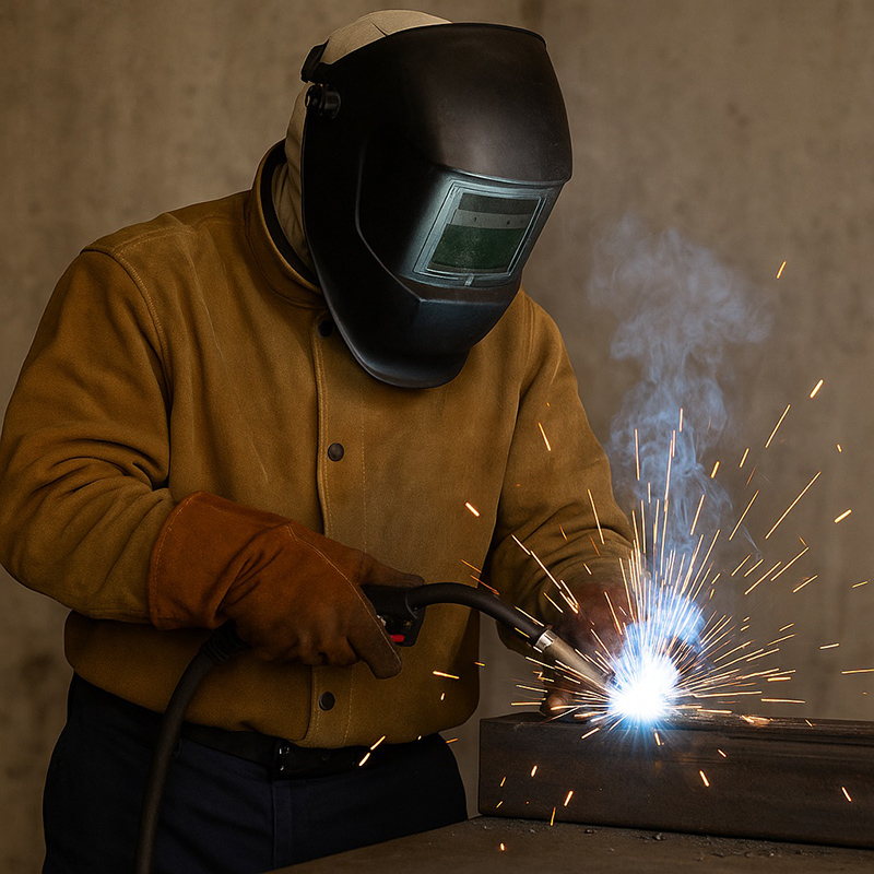 Welders wearing full protective gear including helmets, gloves, and reflective clothing performing welding operations.