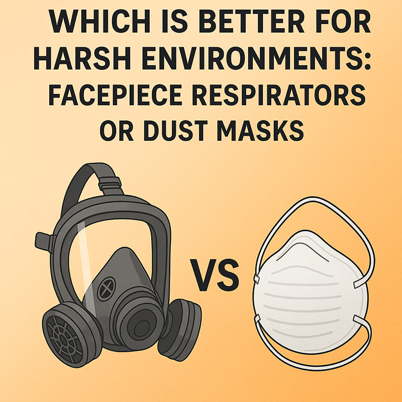 Infographic comparing a full-face respirator and a dust mask for use in harsh environments.