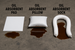Oil absorbent pad, pillow, and sock comparison for spill control