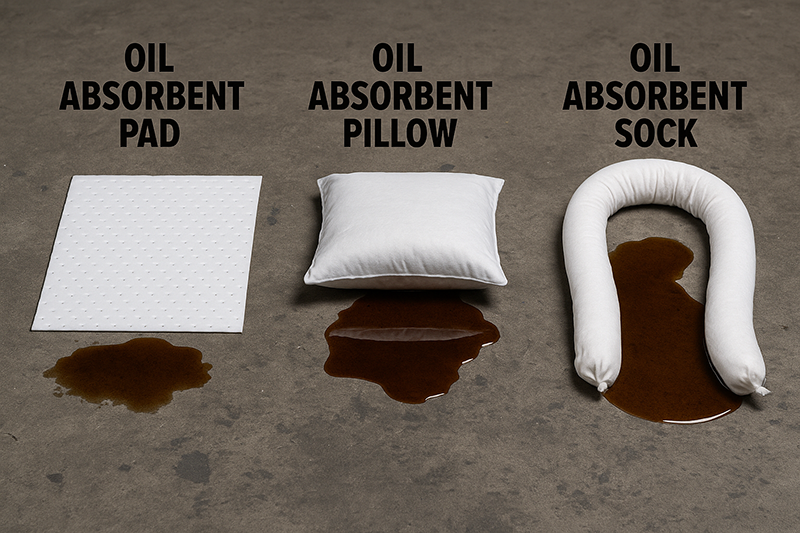 Oil absorbent pad, pillow, and sock comparison for spill control