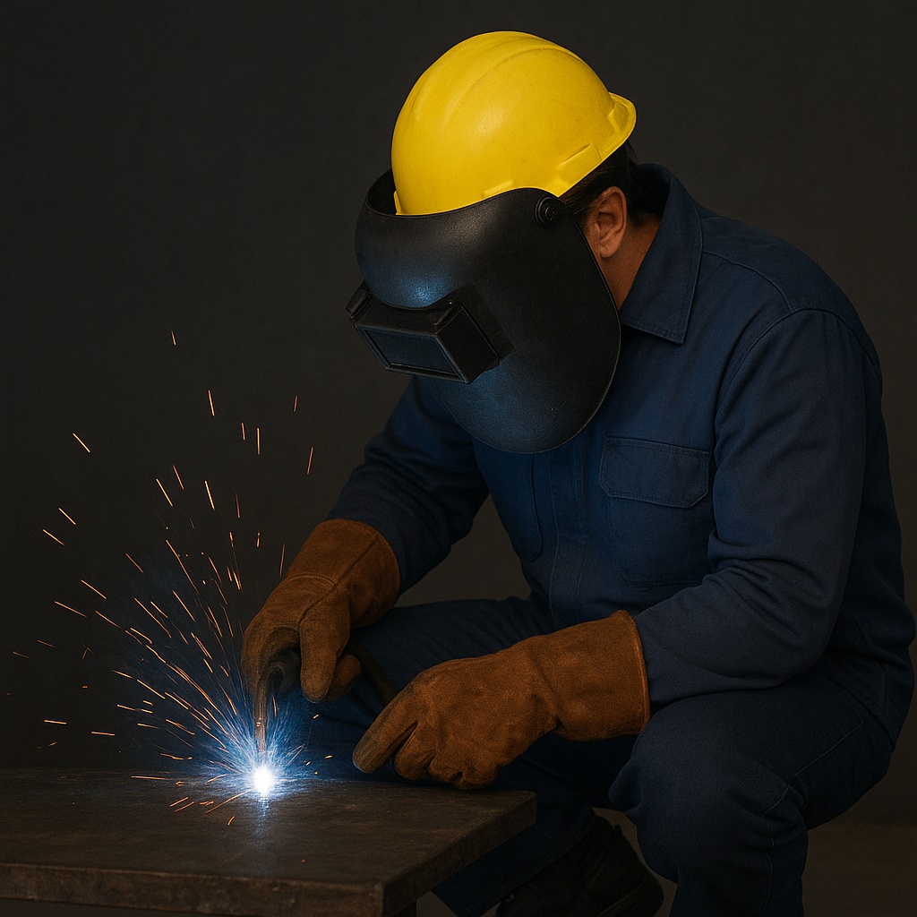 Welder wearing full PPE including helmet, flame-resistant clothing, gloves, and safety boots while welding with sparks flying.