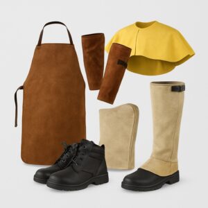 Set of welding PPE accessories including apron, sleeves, leggings, cape, and spats for welder protection.