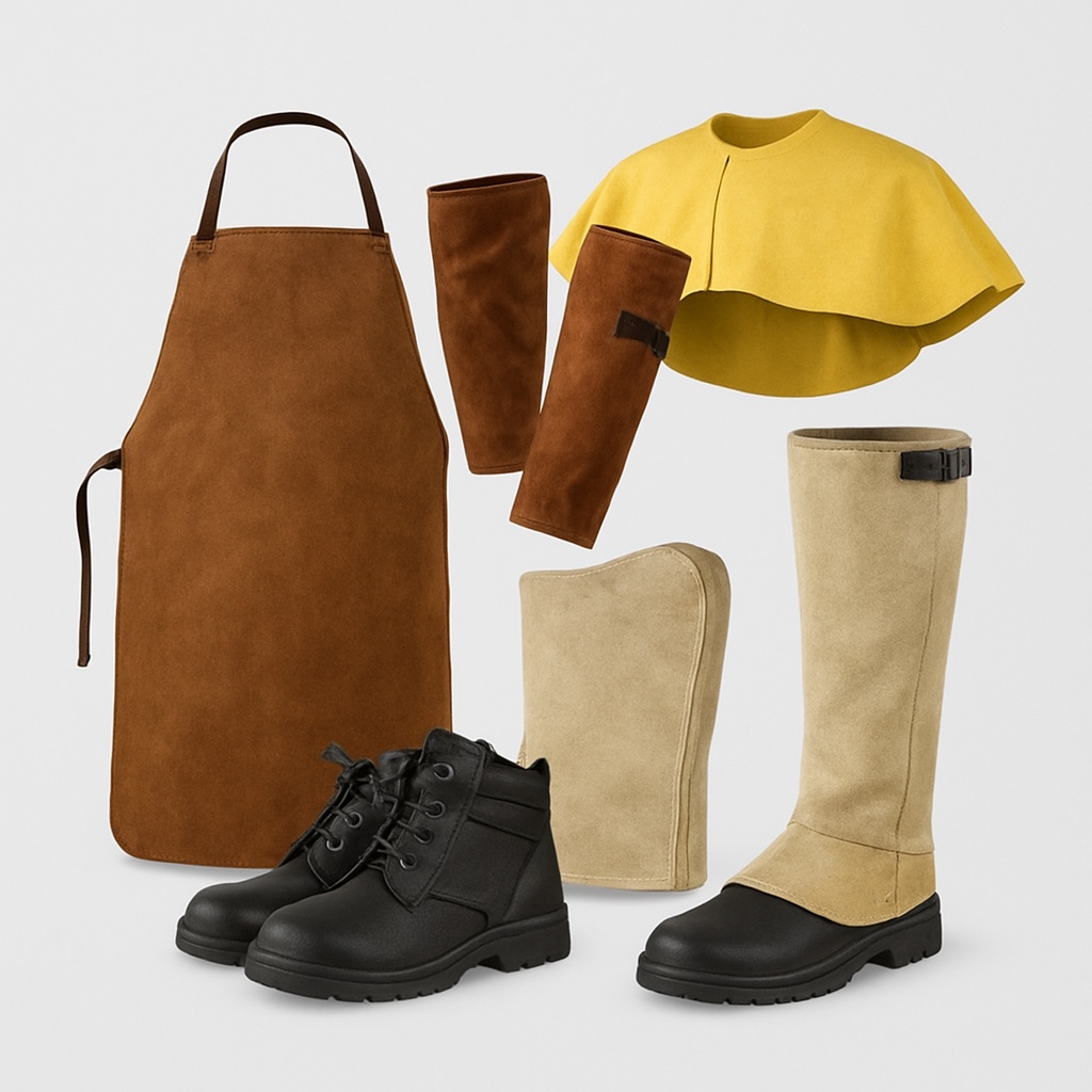 Set of welding PPE accessories including apron, sleeves, leggings, cape, and spats for welder protection.