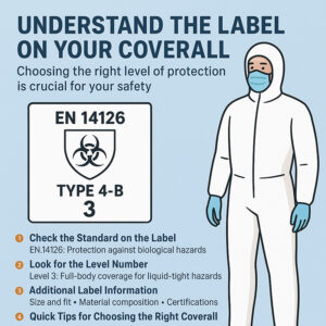Worker wearing a protective coverall standing beside a label showing EN standards and protection levels