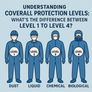Four workers wearing different protective coveralls labeled Level 1 to Level 4, representing increasing protection from dust, liquid, chemical, to biological hazards.