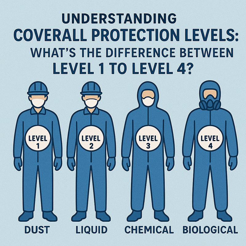 Four workers wearing different protective coveralls labeled Level 1 to Level 4, representing increasing protection from dust, liquid, chemical, to biological hazards.