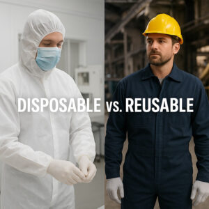 Two workers wearing disposable and reusable coveralls in different environments, highlighting PPE options for value and safety.