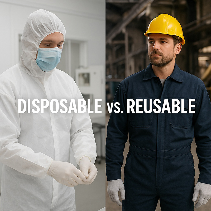 Two workers wearing disposable and reusable coveralls in different environments, highlighting PPE options for value and safety.