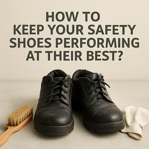 A pair of black safety shoes placed on a light gray surface with a cleaning brush and cloth beside them, symbolizing shoe maintenance and care.