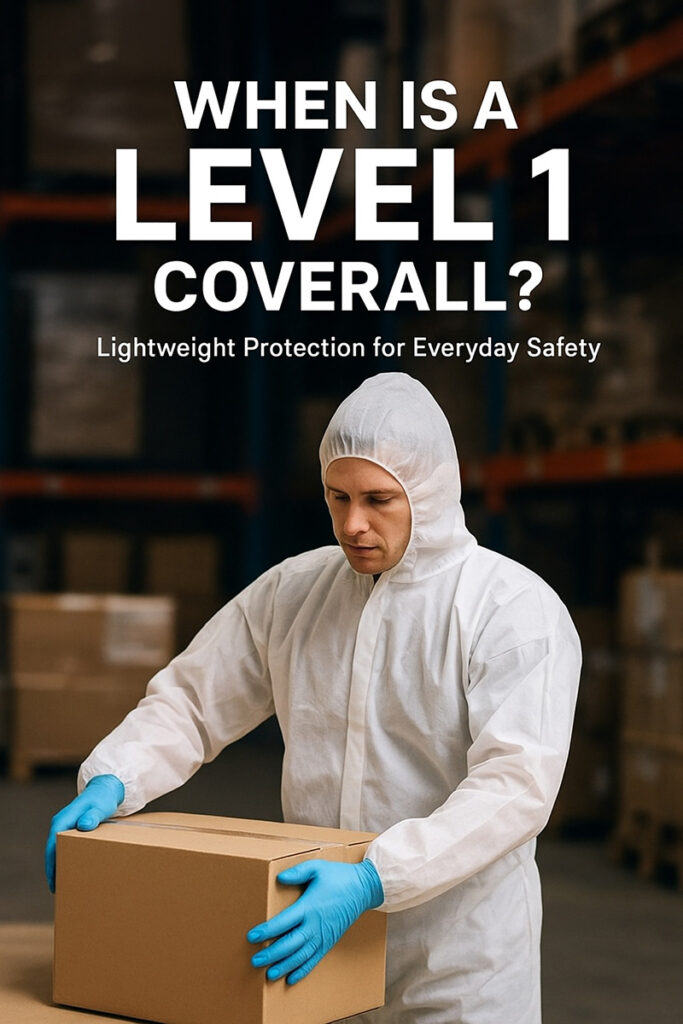Worker in a lightweight disposable Level 1 coverall performing low-risk tasks in an industrial warehouse, illustrating basic PPE protection and comfort.
