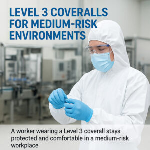 Worker in Level 3 protective coverall working in a clean industrial environment for medium-risk protection.