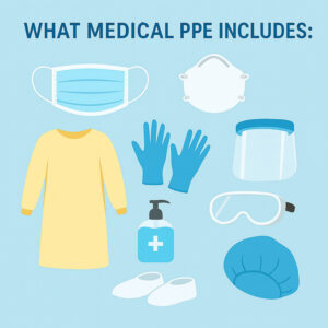 Illustration of Medical PPE, including masks, gowns, gloves, goggles, face shields, and 4 other protective items