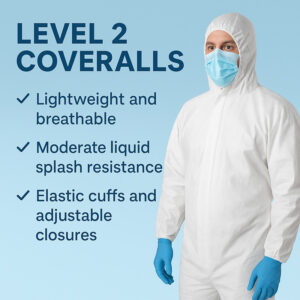 Person in white Level 2 coverall, blue gloves, and face mask standing against a blue background with safety feature highlights.