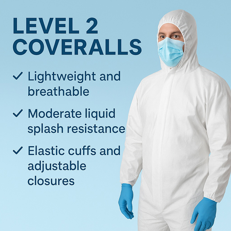 Person in white Level 2 coverall, blue gloves, and face mask standing against a blue background with safety feature highlights.