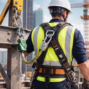 Worker wearing a harness connected to a fall arrest device secured to an anchor point