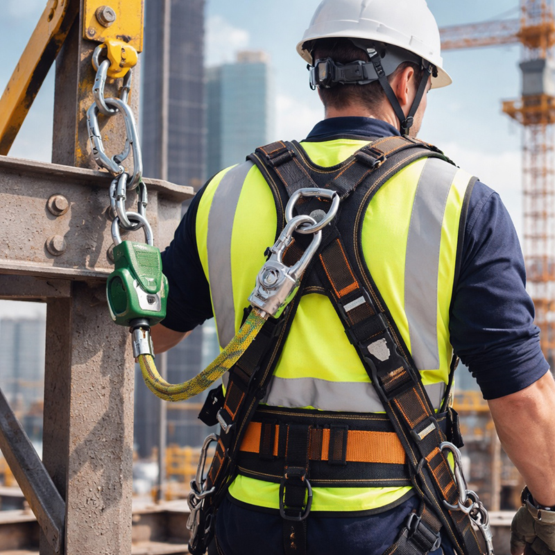 Worker wearing a harness connected to a fall arrest device secured to an anchor point