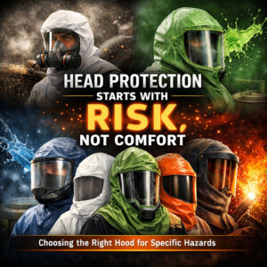 Three types of industrial protective head covers designed for dust, chemical splashes, and heat/spark hazards, emphasizing that head protection should be based on risk, not comfort.
