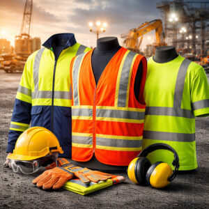 High-visibility safety clothing including reflective vests and jackets used in industrial and construction environments