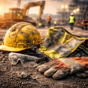 Worn and damaged personal protective equipment on a construction site, highlighting common PPE failure risks