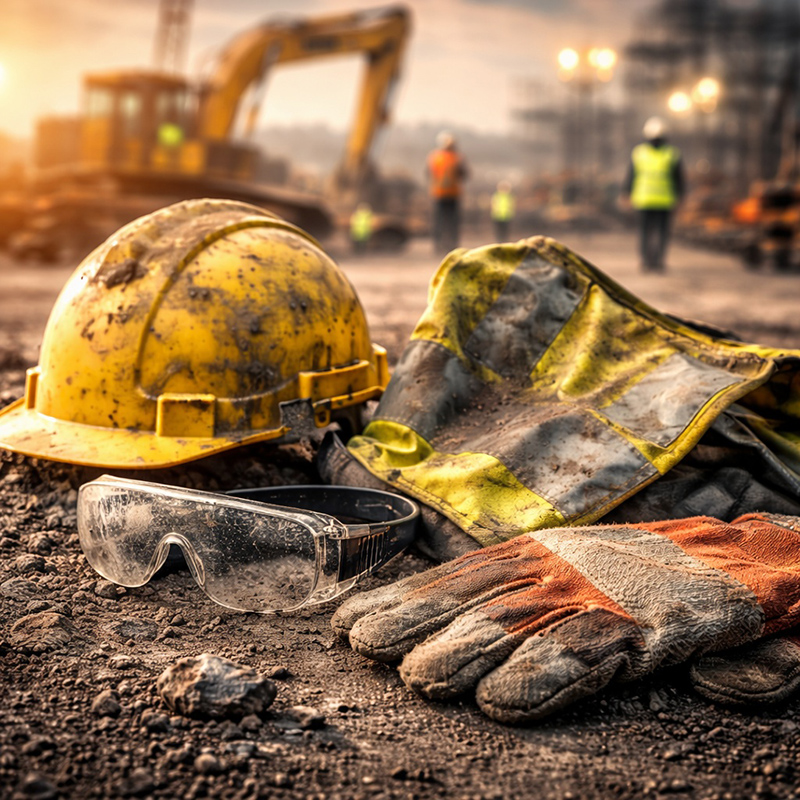 Worn and damaged personal protective equipment on a construction site, highlighting common PPE failure risks