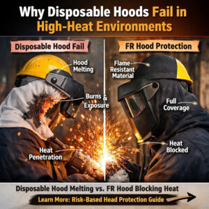 Comparison of disposable hood failure versus flame-resistant (FR) hood protection in high-heat industrial environments, showing sparks and heat exposure.