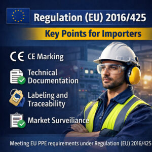 PPE importer complying with EU PPE Regulation 2016/425, showing CE marking, technical documentation, labeling, and market surveillance requirements