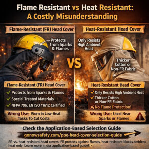 Comparison of flame-resistant (FR) and heat-resistant head covers in industrial high-heat environments, showing sparks, molten metal exposure, and proper PPE usage.