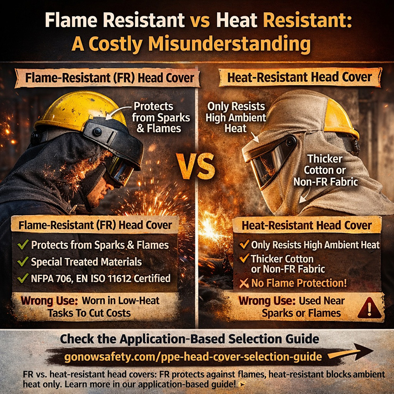 Comparison of flame-resistant (FR) and heat-resistant head covers in industrial high-heat environments, showing sparks, molten metal exposure, and proper PPE usage.
