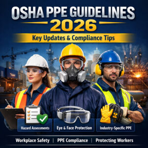 Workers wearing compliant personal protective equipment under OSHA PPE guidelines 2026, showing hazard assessment, eye and face protection, and industry-specific PPE