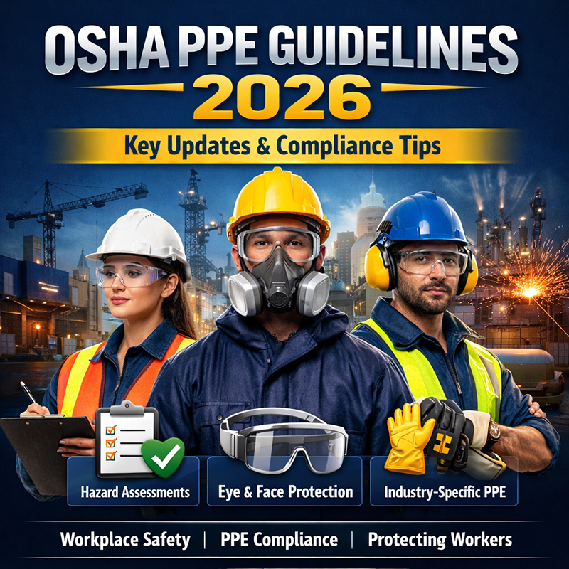 Workers wearing compliant personal protective equipment under OSHA PPE guidelines 2026, showing hazard assessment, eye and face protection, and industry-specific PPE
