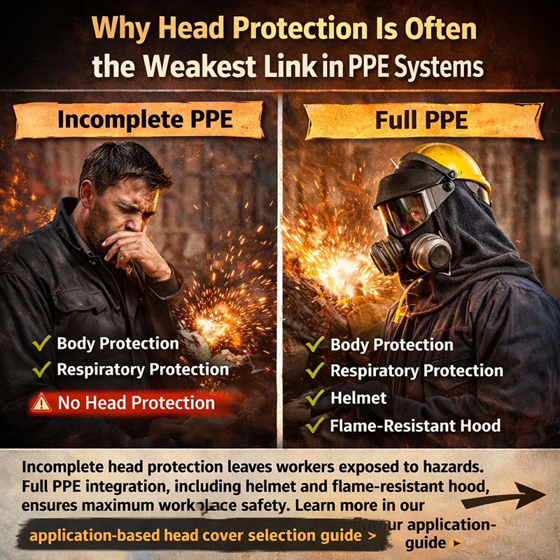 Comparison of a worker with incomplete PPE (no head protection) versus a fully protected worker wearing helmet, flame-resistant hood, and respirator in an industrial environment.