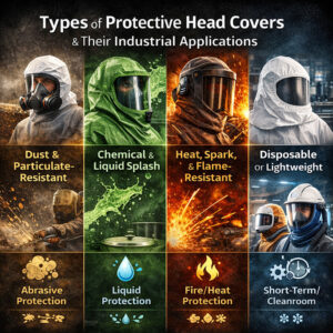 ive types of industrial protective head covers: dust/particulate-resistant, chemical/liquid splash, heat/spark/flame-resistant, disposable/lightweight, and specialized. Each type is represented with a simple icon showing its hazard protection.