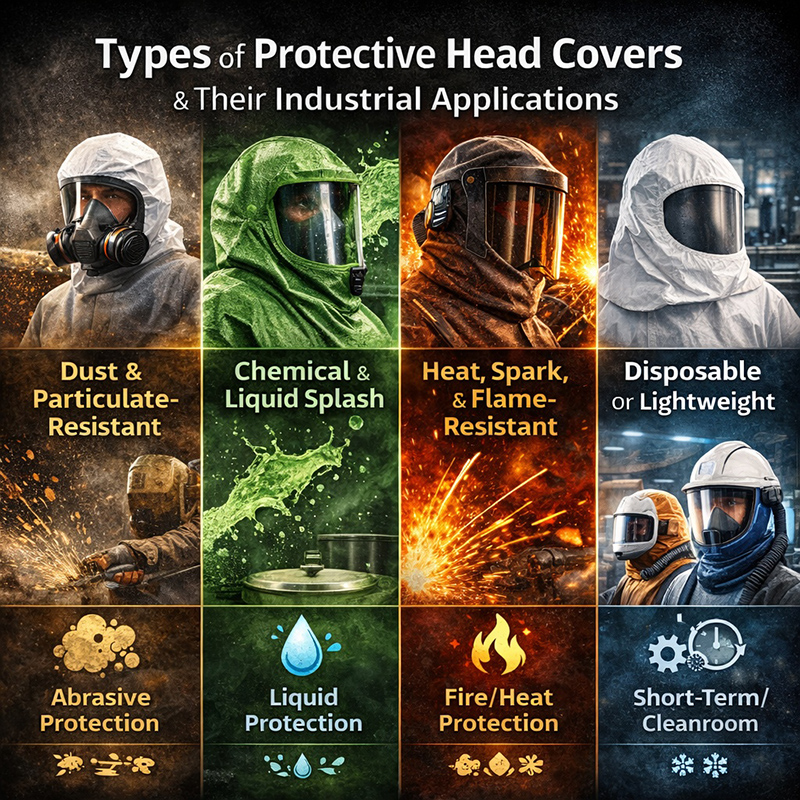 ive types of industrial protective head covers: dust/particulate-resistant, chemical/liquid splash, heat/spark/flame-resistant, disposable/lightweight, and specialized. Each type is represented with a simple icon showing its hazard protection.