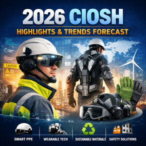 Professionals wearing smart PPE and industrial exoskeletons with eco-friendly gloves and helmets, representing CIOSH 2026 PPE trends and workplace safety innovations.