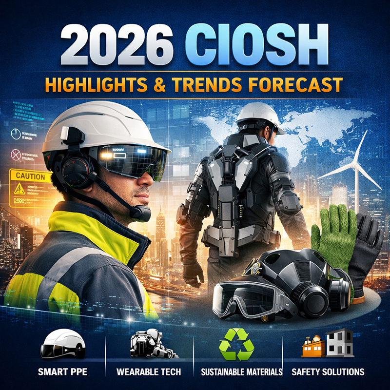 Professionals wearing smart PPE and industrial exoskeletons with eco-friendly gloves and helmets, representing CIOSH 2026 PPE trends and workplace safety innovations.