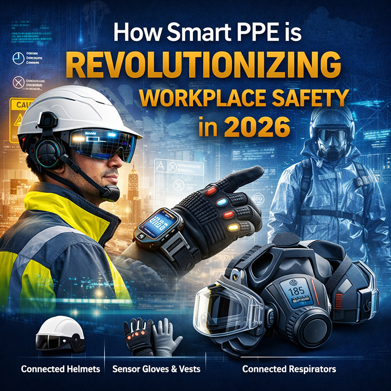 Workers wearing smart PPE including AR helmets, sensor gloves, connected vests, and respirators, demonstrating real-time safety monitoring and workplace protection.
