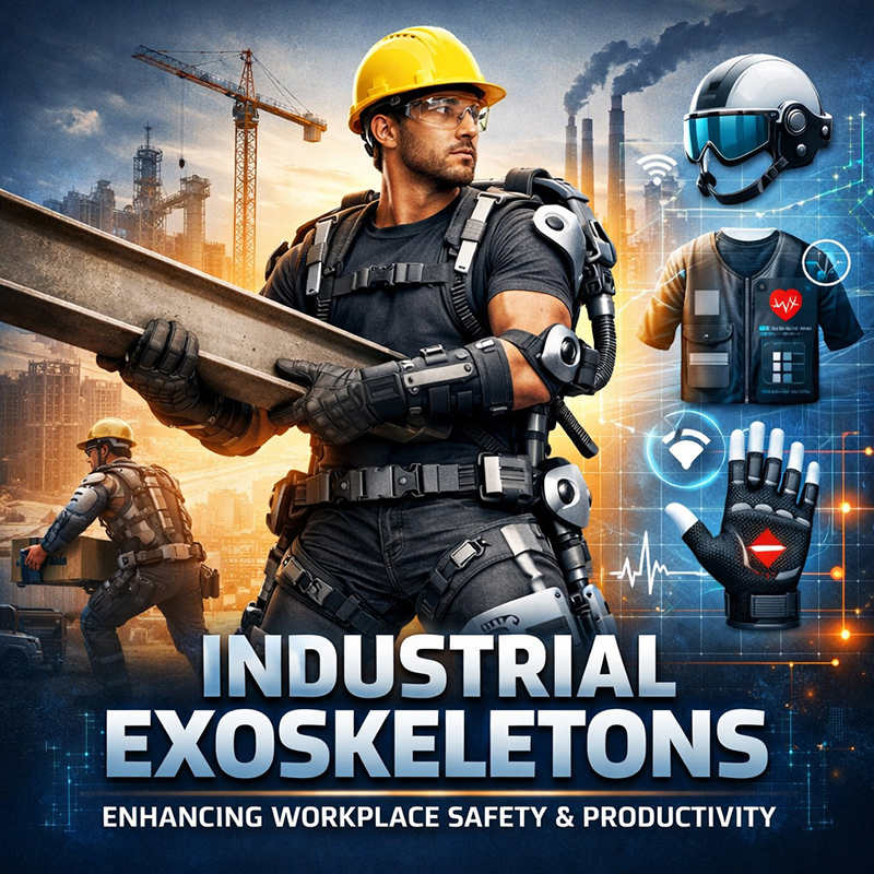 Industrial worker wearing a full-body exoskeleton with smart PPE in a construction and industrial setting, demonstrating ergonomic support and safety enhancement.
